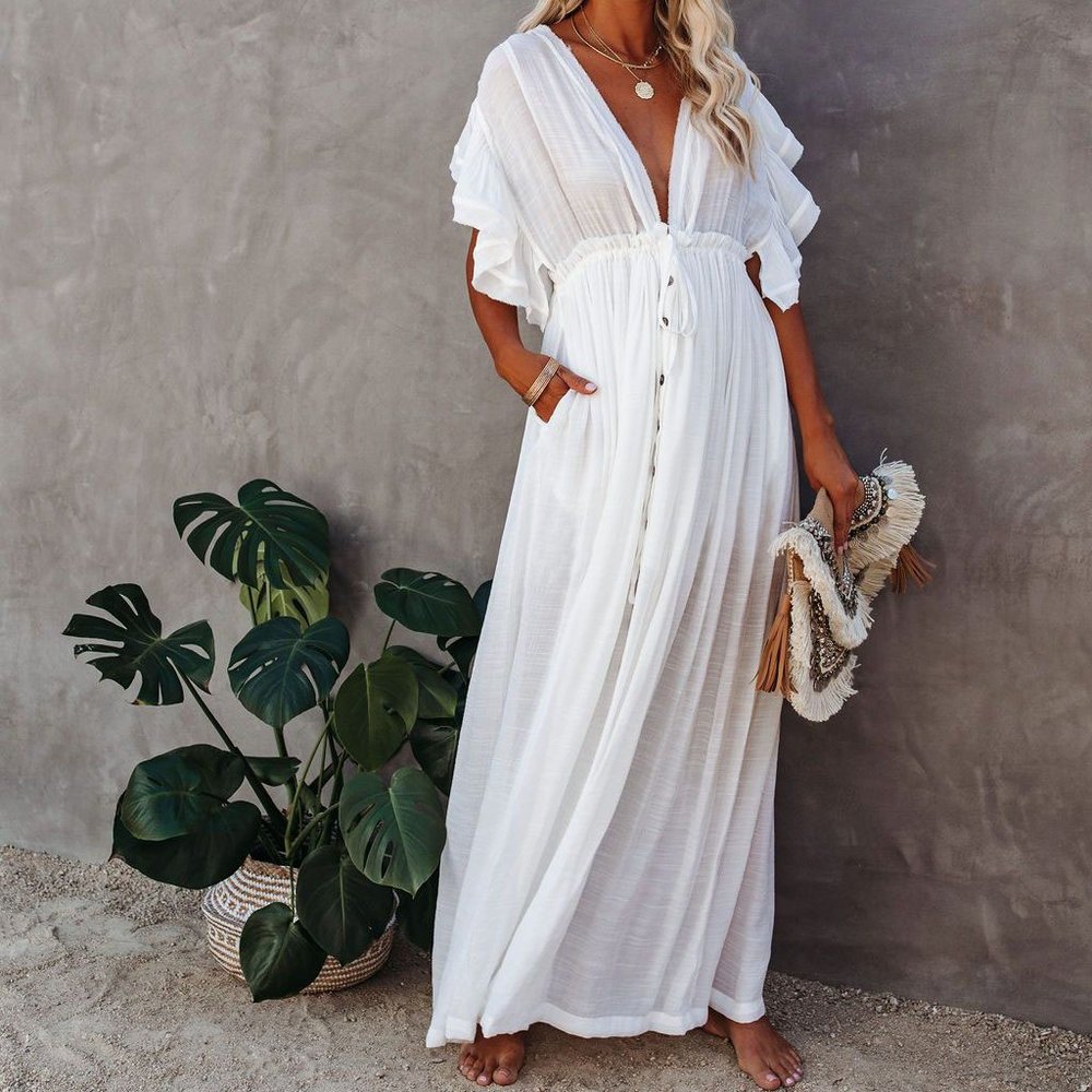 New Bohemian Long White Gauze Maxi Summer Dress - Picture 9 of 15